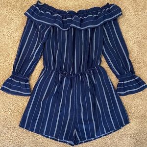Gypsy Rose Boutique Navy and White Stripe Off the Shoulder Romper